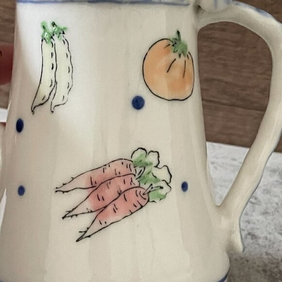 Studio Art Pottery Hand Painted Vegetable and Ribbon Motif Covered Pitcher 4.5" - Picture 5 of 9